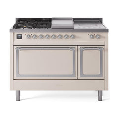 ILVE Nostalgie II Noblesse 48 inch Dual Fuel Range 5 Sealed Burners + Griddle + French Top, Solid Door - UN48FSQNMP - The Home Selection