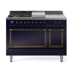 ILVE Nostalgie II Noblesse 48 inch Dual Fuel Range 5 Sealed Burners + Griddle + French Top, Solid Door - UN48FSQNMP - The Home Selection