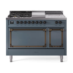 ILVE Nostalgie II Noblesse 48 inch Dual Fuel Range 5 Sealed Burners + Griddle + French Top, Solid Door - UN48FSQNMP - The Home Selection