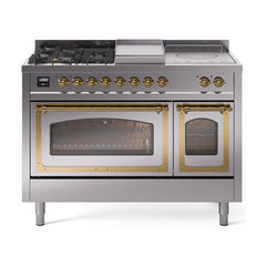 ILVE Nostalgie II Noblesse 48 inch Dual Fuel Range 5 Sealed Burners + Griddle + French Top Triple Glass Door - UN48FSNMP - The Home Selection
