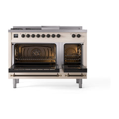 ILVE Nostalgie II Noblesse 48 inch Dual Fuel Range 5 Sealed Burners + Griddle + French Top Triple Glass Door - UN48FSNMP - The Home Selection
