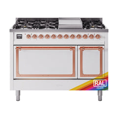 ILVE Nostalgie II Noblesse 48 inch Dual Fuel Range 8 Sealed Burners + Griddle , Solid Door - UN48FQNMP - The Home Selection