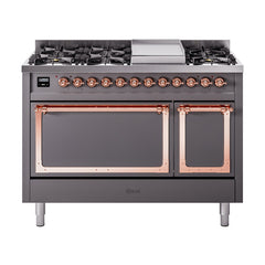 ILVE Nostalgie II Noblesse 48 inch Dual Fuel Range 8 Sealed Burners + Griddle , Solid Door - UN48FQNMP - The Home Selection