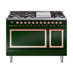 ILVE Nostalgie II Noblesse 48 inch Dual Fuel Range 8 Sealed Burners + Griddle , Solid Door - UN48FQNMP - The Home Selection