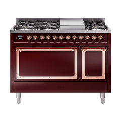 ILVE Nostalgie II Noblesse 48 inch Dual Fuel Range 8 Sealed Burners + Griddle , Solid Door - UN48FQNMP - The Home Selection