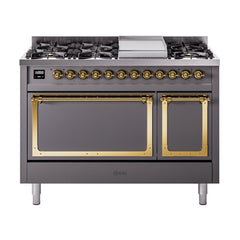 ILVE Nostalgie II Noblesse 48 inch Dual Fuel Range 8 Sealed Burners + Griddle , Solid Door - UN48FQNMP - The Home Selection