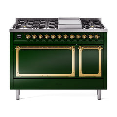 ILVE Nostalgie II Noblesse 48 inch Dual Fuel Range 8 Sealed Burners + Griddle , Solid Door - UN48FQNMP - The Home Selection