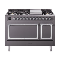 ILVE Nostalgie II Noblesse 48 inch Dual Fuel Range 8 Sealed Burners + Griddle , Solid Door - UN48FQNMP - The Home Selection