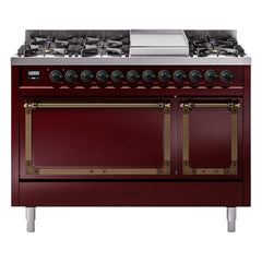 ILVE Nostalgie II Noblesse 48 inch Dual Fuel Range 8 Sealed Burners + Griddle , Solid Door - UN48FQNMP - The Home Selection