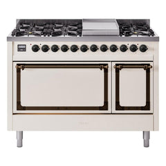 ILVE Nostalgie II Noblesse 48 inch Dual Fuel Range 8 Sealed Burners + Griddle , Solid Door - UN48FQNMP - The Home Selection