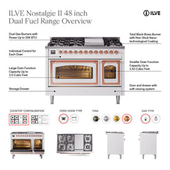 ILVE Nostalgie II Noblesse 48 inch Dual Fuel Range 8 Sealed Burners + Griddle, Triple Glass Door - UN48FNM - The Home Selection