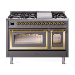ILVE Nostalgie II Noblesse 48 inch Dual Fuel Range 8 Sealed Burners + Griddle, Triple Glass Door - UN48FNM - The Home Selection