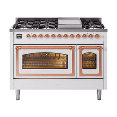 ILVE Nostalgie II Noblesse 48 inch Dual Fuel Range 8 Sealed Burners + Griddle, Triple Glass Door - UN48FNM - The Home Selection