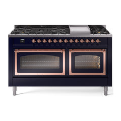 ILVE Nostalgie II Noblesse 60 inch Dual Fuel Range 9 Sealed Burners + Griddle, Triple Glass Door - UN60FNMP - The Home Selection