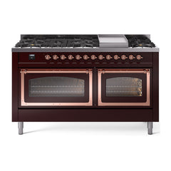 ILVE Nostalgie II Noblesse 60 inch Dual Fuel Range 9 Sealed Burners + Griddle, Triple Glass Door - UN60FNMP - The Home Selection