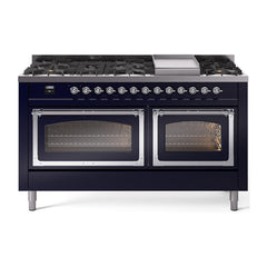 ILVE Nostalgie II Noblesse 60 inch Dual Fuel Range 9 Sealed Burners + Griddle, Triple Glass Door - UN60FNMP - The Home Selection
