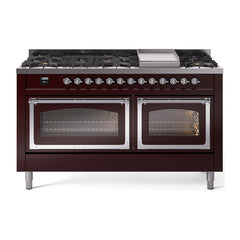 ILVE Nostalgie II Noblesse 60 inch Dual Fuel Range 9 Sealed Burners + Griddle, Triple Glass Door - UN60FNMP - The Home Selection