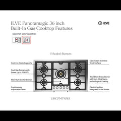ILVE Panoramagic 36 inch Built-In Cooktop with 5 Burners, in Stainless Steel - UHCPMT95 - The Home Selection