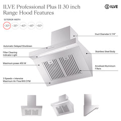 ILVE Professional Plus II 30 inch Wall Mount Range Hood in Stainless Steel - UAGQ30SS - The Home Selection