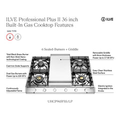 ILVE Professional Plus II 36" Built-In Cooktop with 4 Burners & Griddle – Stainless Steel - UHCP965FSS - The Home Selection