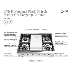 ILVE Professional Plus II 36" Built-In Gas Rangetop with 4 Burners & Griddle – Stainless Steel - UHCP36FSS - The Home Selection