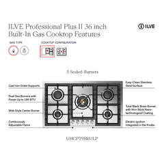 ILVE Professional Plus II 36 inch Built-In Gas Cooktop with Total Black Brass Burners, in Stainless Steel - UHCPT95 - The Home Selection