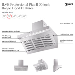 ILVE Professional Plus II 36 Inch Stainless Steel Wall Mount Range Hood 600 CFM 4 Speed LED Lighting - UAGQ36SS - The Home Selection