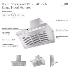 ILVE Professional Plus II 40 Inch Stainless Steel Wall Mount Range Hood 600 CFM 4 Speed LED Lighting - UAGQ40SS - The Home Selection