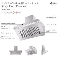 ILVE Professional Plus II 48 Inch Stainless Steel Wall Mount Range Hood 600 CFM 4 Speed LED Lighting - UAGQ48SS - The Home Selection