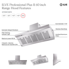 ILVE Professional Plus II 60 Inch Stainless Steel Wall Mount Range Hood 600 CFM 4 Speed LED Lighting - UAGQ60SS - The Home Selection