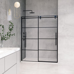 Altair Sankiz 60" W x 76" H Single Sliding Frameless Shower Door in French-Inspired Matte Black Grid with Clear Glass