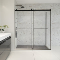 Altair Belizzi 68" W x 76" H By Pass Frameless Exposed Roller Shower Enclosure in Matte Black with Clear Glass