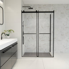 Altair Belizzi 52" W x 76" H By Pass Frameless Exposed RollerShower Enclosure in Matte Black with Clear Glass