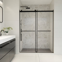 Altair Belizzi 60" W x 76" H By Pass Frameless Exposed Roller Shower Door in Matte Black with Clear Glass