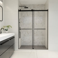 Altair Belizzi 56" W x 76" H By Pass Frameless Exposed Roller Shower Door in Matte Black with Clear Glass