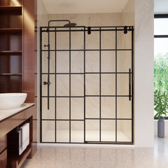 Altair Esense 60" W x 76" H Single Sliding Frameless Shower Door in French-Inspired Matte Black Grid with Clear Glass