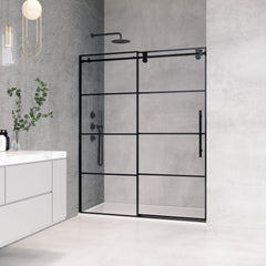 Altair Sankiz 60" W x 76" H Single Sliding Frameless Shower Door in French-Inspired Matte Black Grid with Clear Glass