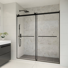 Altair Belizzi 68" W x 76" H By Pass Frameless Exposed Roller Shower Door in Matte Black with Clear Glass