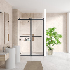 Altair Belizzi 52" W x 76" H By Pass Frameless Exposed Roller Shower Door in Matte Black with Clear Glass