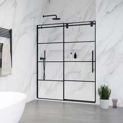 Altair Sankiz 60" W x 76" H Single Sliding Frameless Shower Door in French-Inspired Matte Black Grid with Clear Glass