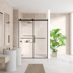 Altair Belizzi 56" W x 76" H By Pass Frameless Exposed Roller Shower Door in Matte Black with Clear Glass