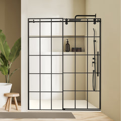 Altair Esense 60" W x 76" H Single Sliding Frameless Shower Door in French-Inspired Matte Black Grid with Clear Glass
