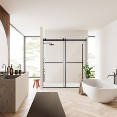 Altair Belizzi 68" W x 76" H By Pass Frameless Exposed Roller Shower Enclosure in Matte Black with Clear Glass