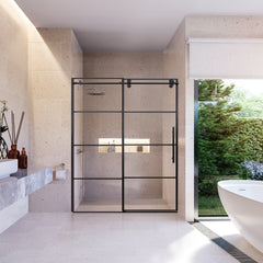 Altair Sankiz 60" W x 76" H Single Sliding Frameless Shower Door in French-Inspired Matte Black Grid with Clear Glass