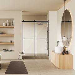 Altair Belizzi 56" W x 76" H By Pass Frameless Exposed Roller Shower Door in Matte Black with Clear Glass
