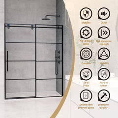 Altair Sankiz 60" W x 76" H Single Sliding Frameless Shower Door in French-Inspired Matte Black Grid with Clear Glass