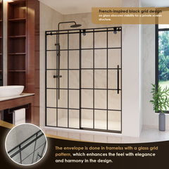 Altair Esense 60" W x 76" H Single Sliding Frameless Shower Door in French-Inspired Matte Black Grid with Clear Glass