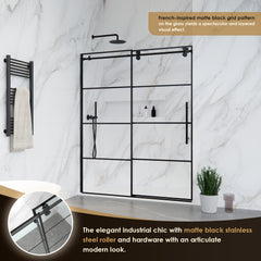 Altair Sankiz 60" W x 76" H Single Sliding Frameless Shower Door in French-Inspired Matte Black Grid with Clear Glass