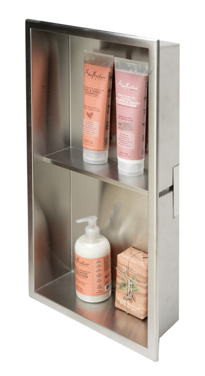 Alfi 12 x 24 Vertical Double Shelf Bath Shower Niche - Brushed Stainless Steel