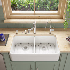 Alfi White 32  Double Bowl Lip Apron Fireclay Farmhouse Kitchen Sink with 1 3/4  Lip - AB512-W